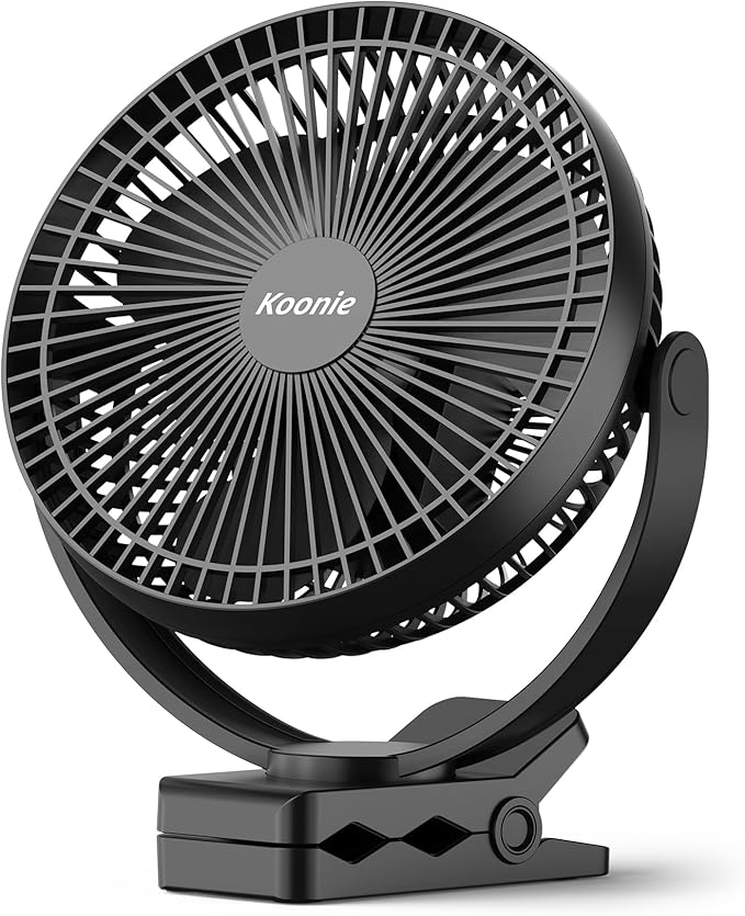 Koonie 8-Inch Rechargeable Clip-On Fan (10,000 mAh, Black)