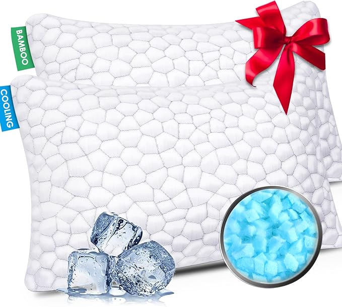Queen Cooling Pillows – Shredded Memory Foam (Set of 2, Adjustable Firmness)