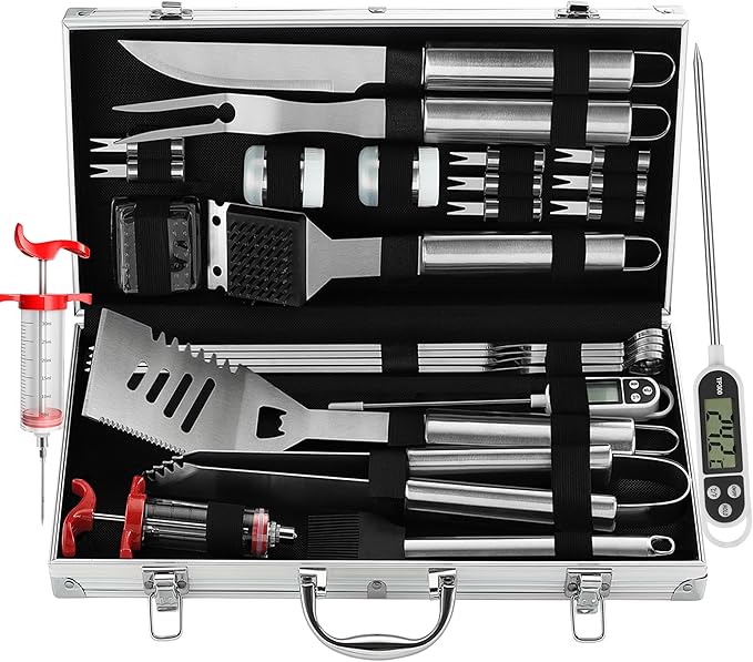 24‑Piece BBQ Grill Tool Set – Extra‑Thick Stainless Steel with Thermometer & Injector