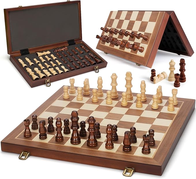 15 Inches Magnetic Wooden Chess Set – Folding Board with Storage Slots and 2 Extra Queens